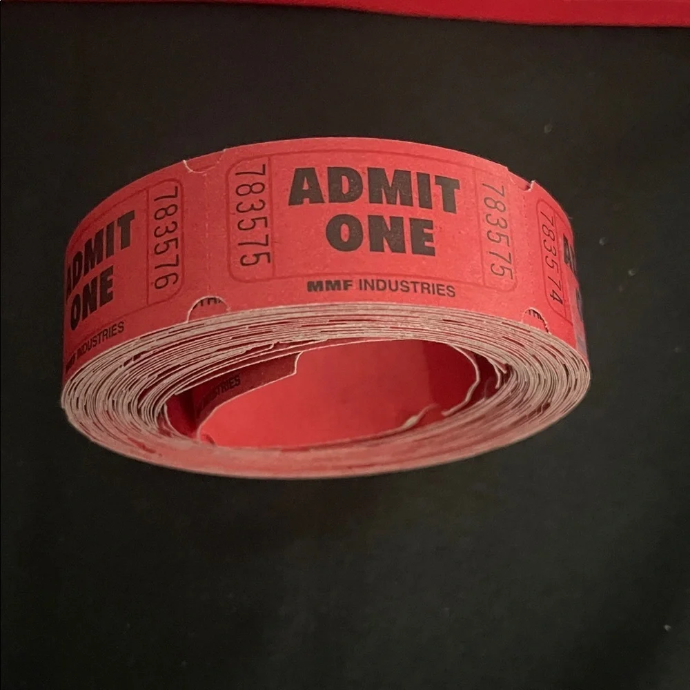 Red Admit One Tickets Roll, single ticket numbers, roll has 100 tickets.